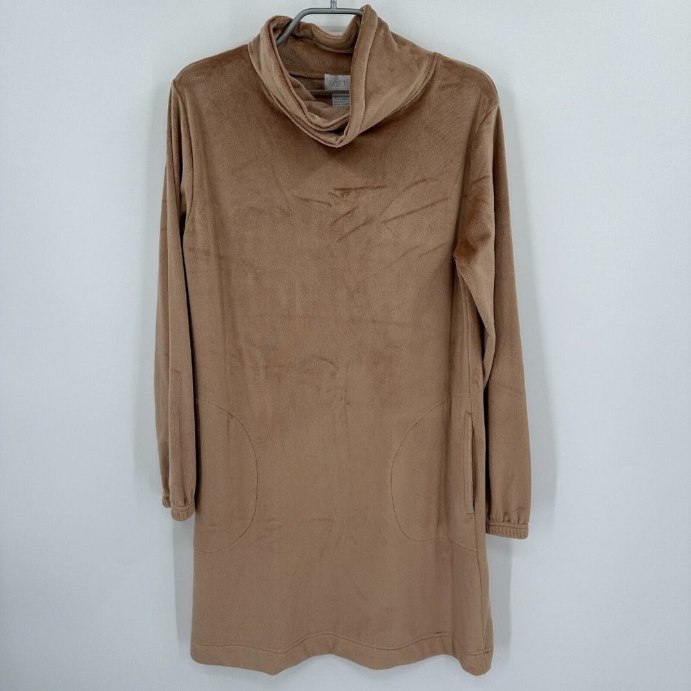 Softies 35" Feather Velour Funnel Neck Lounger Dress sz S Birch-Brown NWOT